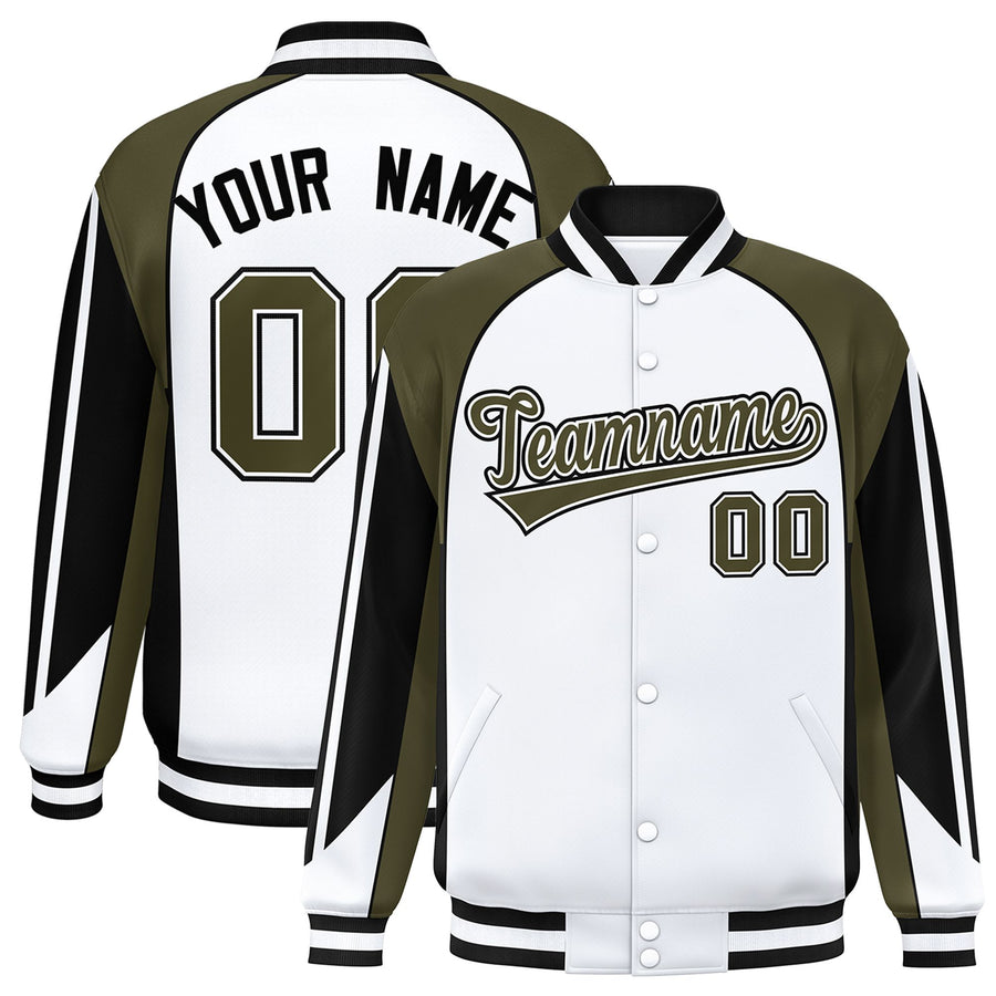 Custom White Olive Varsity Full-Snap Personalized Raglan Sleeves Color Block Letterman Jacket | BuyFootballJersey