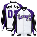 Custom White Purple Varsity Full-Snap Personalized Raglan Sleeves Color Block Letterman Jacket | BuyFootballJersey