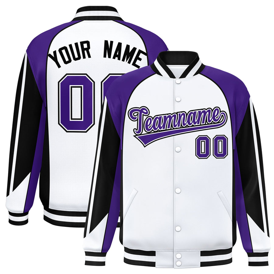Custom White Purple Varsity Full-Snap Personalized Raglan Sleeves Color Block Letterman Jacket | BuyFootballJersey