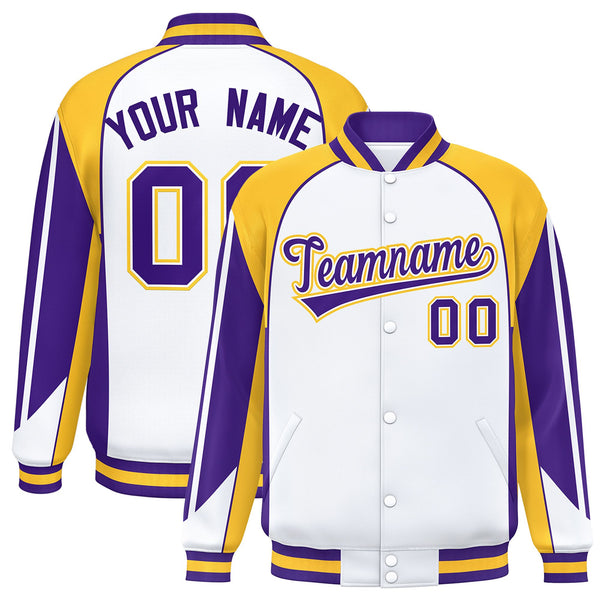 Custom White Gold Varsity Full-Snap Personalized Raglan Sleeves Color Block Letterman Jacket | BuyFootballJersey
