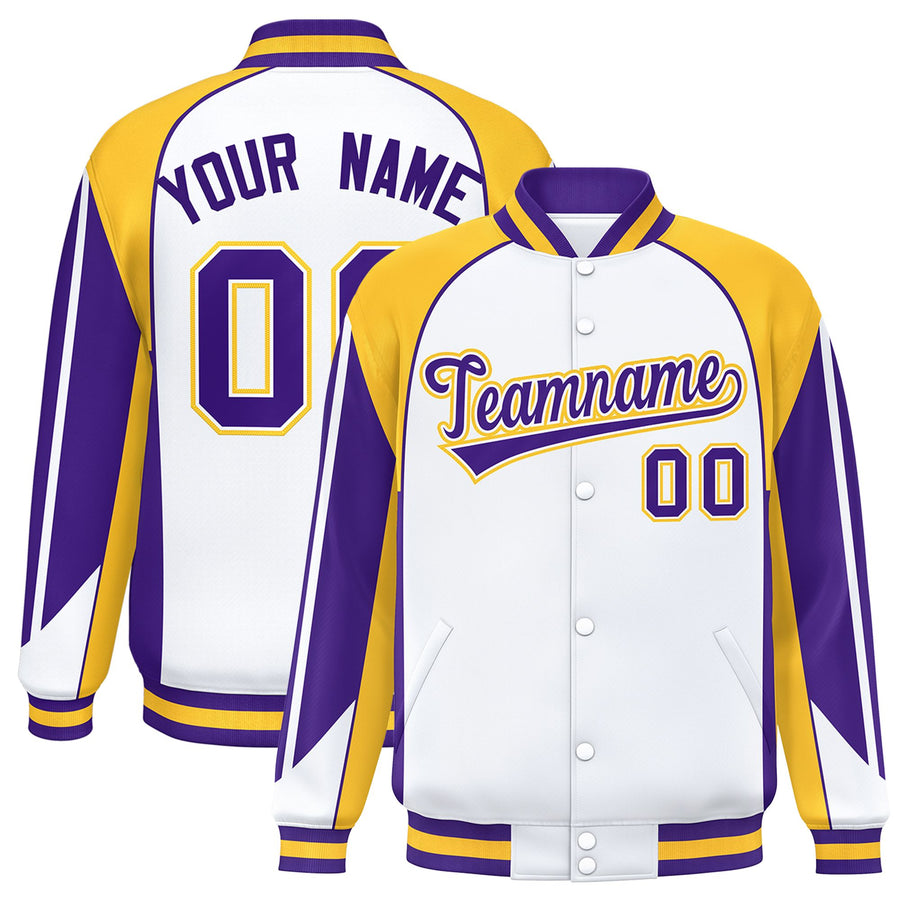 Custom White Gold Varsity Full-Snap Personalized Raglan Sleeves Color Block Letterman Jacket | BuyFootballJersey