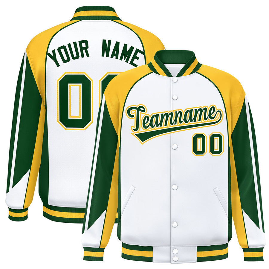 Custom White Gold Varsity Full-Snap Personalized Raglan Sleeves Color Block Letterman Jacket | BuyFootballJersey