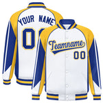 Custom White Gold Varsity Full-Snap Personalized Raglan Sleeves Color Block Letterman Jacket | BuyFootballJersey