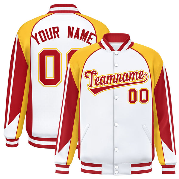 Custom White Gold Varsity Full-Snap Personalized Raglan Sleeves Color Block Letterman Jacket | BuyFootballJersey