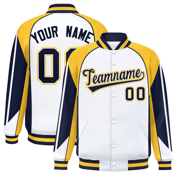 Custom White Gold Varsity Full-Snap Personalized Raglan Sleeves Color Block Letterman Jacket | BuyFootballJersey