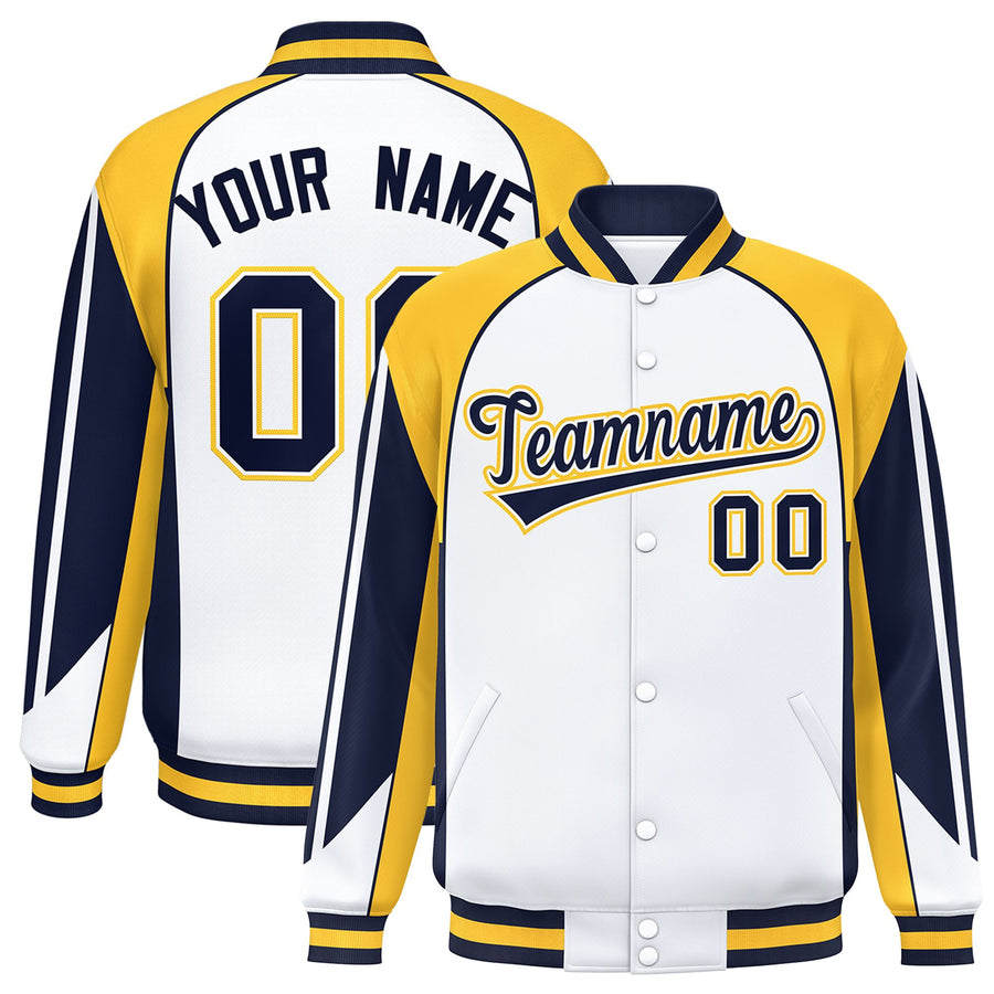 Custom White Gold Varsity Full-Snap Personalized Raglan Sleeves Color Block Letterman Jacket | BuyFootballJersey