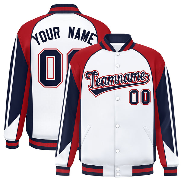 Custom White Red Varsity Full-Snap Personalized Raglan Sleeves Color Block Letterman Jacket | BuyFootballJersey