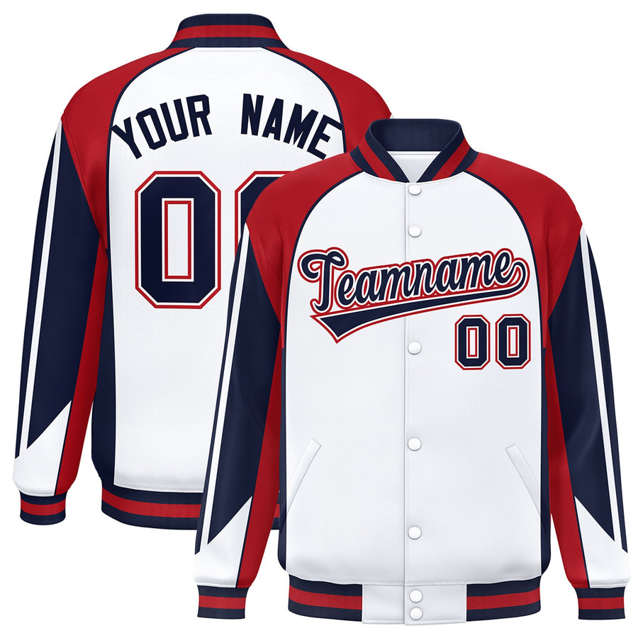 Custom White Red Varsity Full-Snap Personalized Raglan Sleeves Color Block Letterman Jacket | BuyFootballJersey