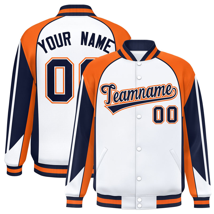 Custom White Orange Varsity Full-Snap Personalized Raglan Sleeves Color Block Letterman Jacket | BuyFootballJersey