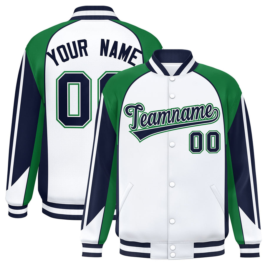 Custom White Kelly Green Varsity Full-Snap Personalized Raglan Sleeves Color Block Letterman Jacket | BuyFootballJersey