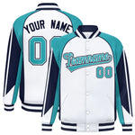 Custom White Aqua Varsity Full-Snap Personalized Raglan Sleeves Color Block Letterman Jacket | BuyFootballJersey