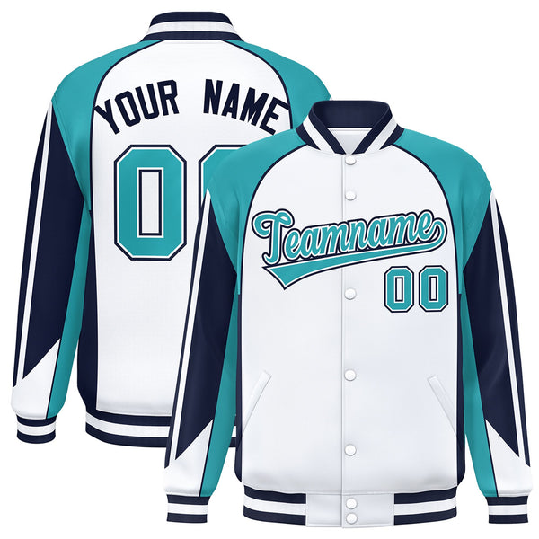 Custom White Aqua Varsity Full-Snap Personalized Raglan Sleeves Color Block Letterman Jacket | BuyFootballJersey