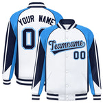 Custom White Powder Blue Varsity Full-Snap Personalized Raglan Sleeves Color Block Letterman Jacket | BuyFootballJersey