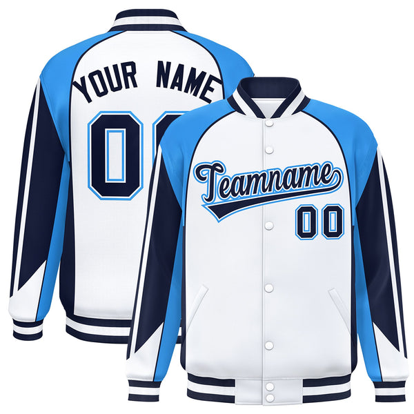 Custom White Powder Blue Varsity Full-Snap Personalized Raglan Sleeves Color Block Letterman Jacket | BuyFootballJersey