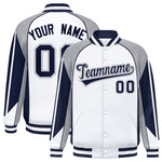 Custom White Gray Varsity Full-Snap Personalized Raglan Sleeves Color Block Letterman Jacket | BuyFootballJersey