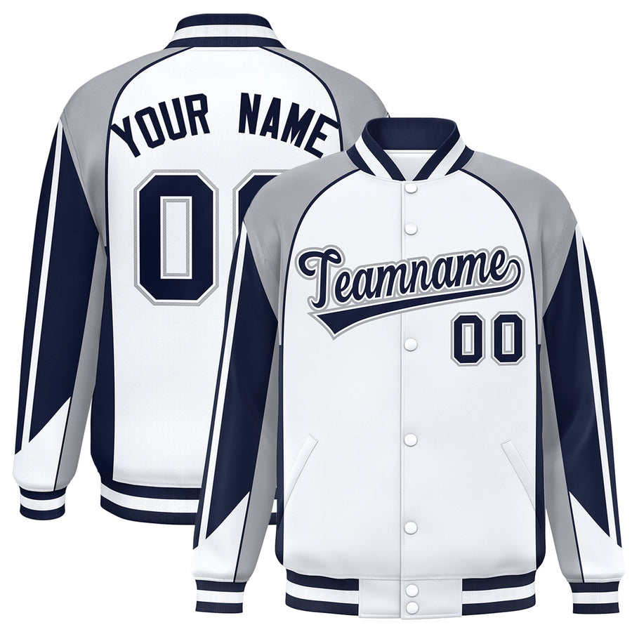 Custom White Gray Varsity Full-Snap Personalized Raglan Sleeves Color Block Letterman Jacket | BuyFootballJersey