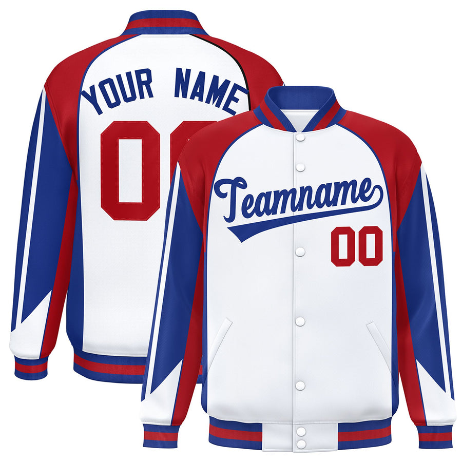Custom White Red Varsity Full-Snap Personalized Raglan Sleeves Color Block Letterman Jacket | BuyFootballJersey