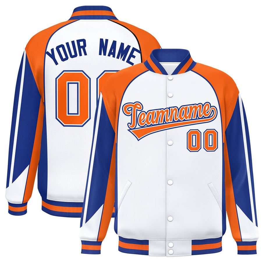 Custom White Orange Varsity Full-Snap Personalized Raglan Sleeves Color Block Letterman Jacket | BuyFootballJersey