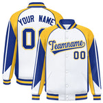 Custom White Gold Varsity Full-Snap Personalized Raglan Sleeves Color Block Letterman Jacket | BuyFootballJersey