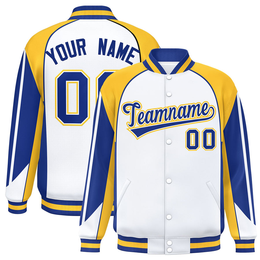 Custom White Gold Varsity Full-Snap Personalized Raglan Sleeves Color Block Letterman Jacket | BuyFootballJersey