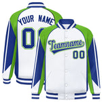 Custom White Green Varsity Full-Snap Personalized Raglan Sleeves Color Block Letterman Jacket | BuyFootballJersey