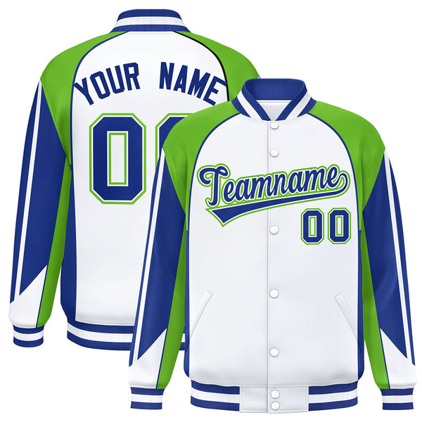 Custom White Green Varsity Full-Snap Personalized Raglan Sleeves Color Block Letterman Jacket | BuyFootballJersey