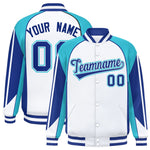 Custom White Sky Blue Varsity Full-Snap Personalized Raglan Sleeves Color Block Letterman Jacket | BuyFootballJersey
