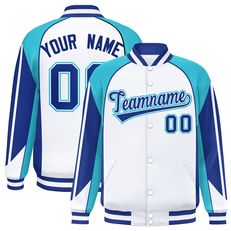 Custom White Sky Blue Varsity Full-Snap Personalized Raglan Sleeves Color Block Letterman Jacket | BuyFootballJersey