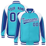 Custom Sky Blue White Varsity Full-Snap Personalized Raglan Sleeves Color Block Letterman Jacket | BuyFootballJersey