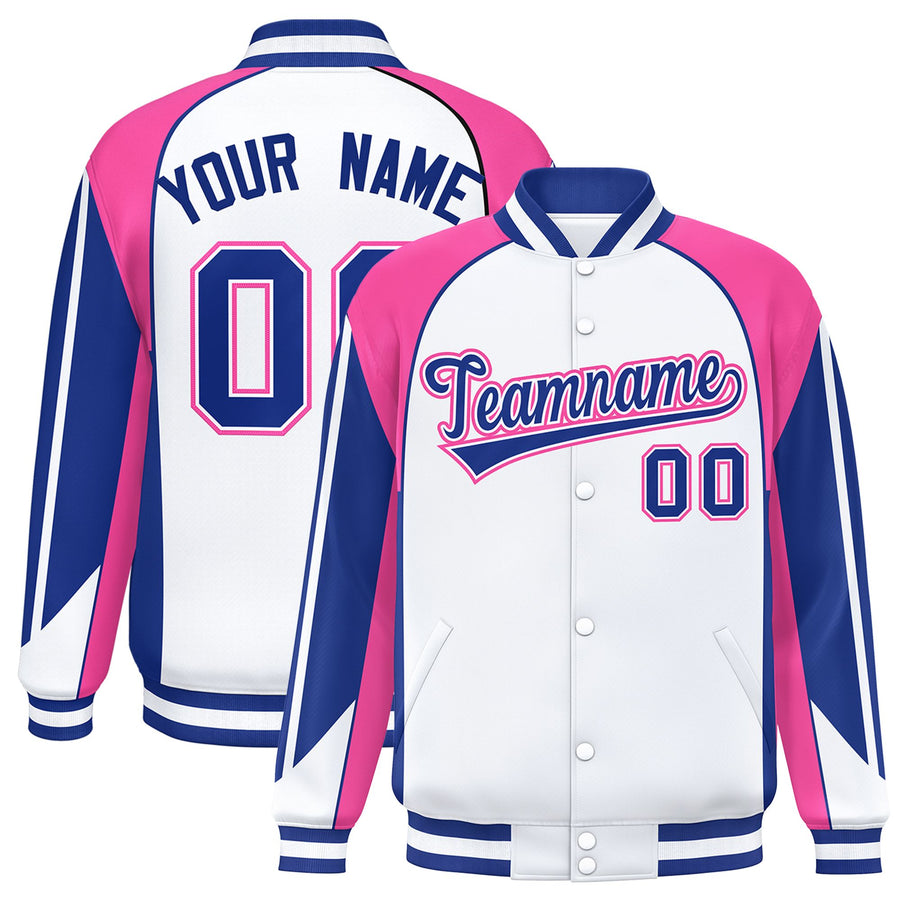 Custom White Pink Varsity Full-Snap Personalized Raglan Sleeves Color Block Letterman Jacket | BuyFootballJersey