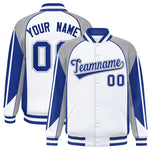 Custom White Gray Varsity Full-Snap Personalized Raglan Sleeves Color Block Letterman Jacket | BuyFootballJersey