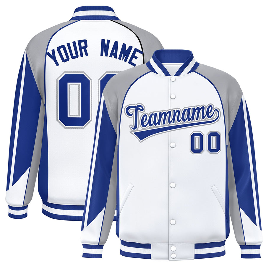 Custom White Gray Varsity Full-Snap Personalized Raglan Sleeves Color Block Letterman Jacket | BuyFootballJersey