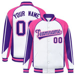 Custom White Pink Varsity Full-Snap Personalized Raglan Sleeves Color Block Letterman Jacket | BuyFootballJersey