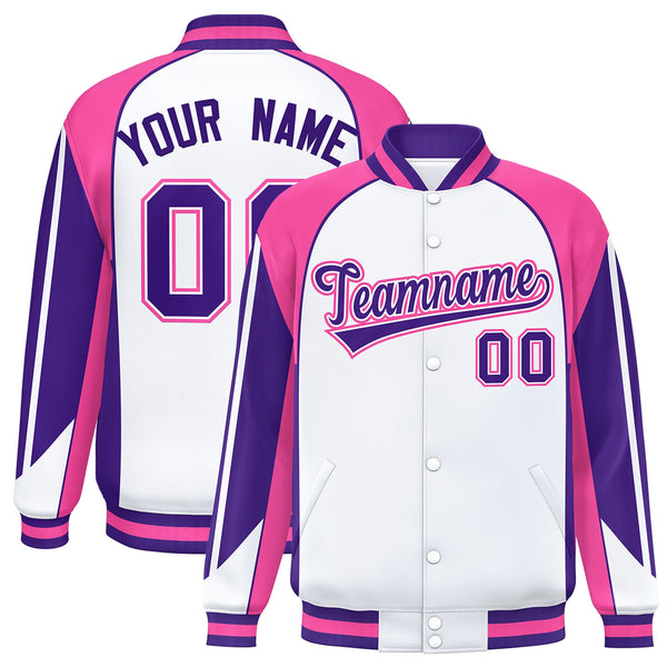 Custom White Pink Varsity Full-Snap Personalized Raglan Sleeves Color Block Letterman Jacket | BuyFootballJersey