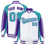 Custom White Aqua Varsity Full-Snap Personalized Raglan Sleeves Color Block Letterman Jacket | BuyFootballJersey