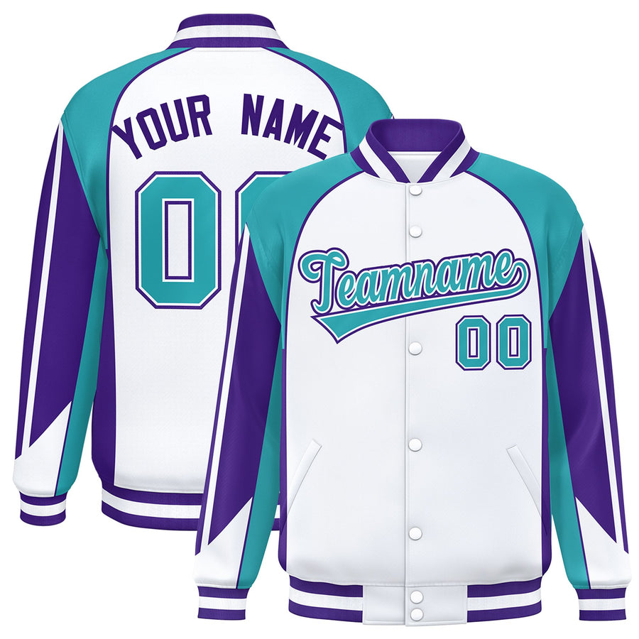 Custom White Aqua Varsity Full-Snap Personalized Raglan Sleeves Color Block Letterman Jacket | BuyFootballJersey