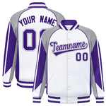 Custom White Gray Varsity Full-Snap Personalized Raglan Sleeves Color Block Letterman Jacket | BuyFootballJersey