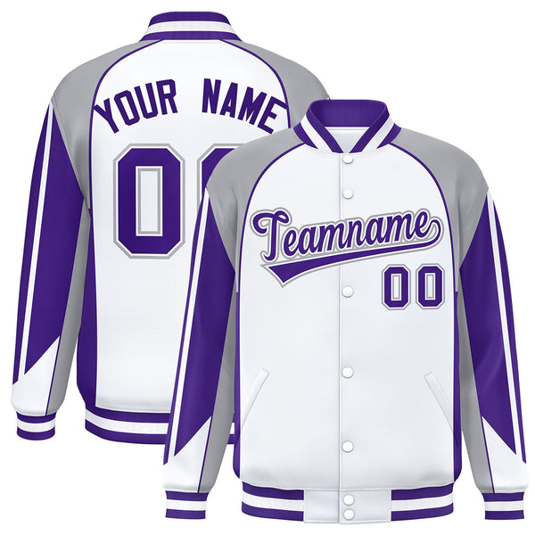 Custom White Gray Varsity Full-Snap Personalized Raglan Sleeves Color Block Letterman Jacket | BuyFootballJersey