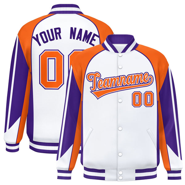 Custom White Orange Varsity Full-Snap Personalized Raglan Sleeves Color Block Letterman Jacket | BuyFootballJersey