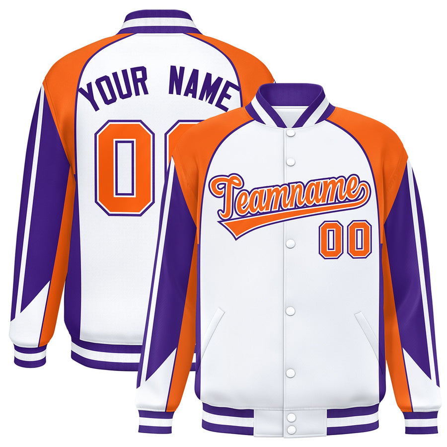 Custom White Orange Varsity Full-Snap Personalized Raglan Sleeves Color Block Letterman Jacket | BuyFootballJersey