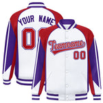 Custom White Red Varsity Full-Snap Personalized Raglan Sleeves Color Block Letterman Jacket | BuyFootballJersey