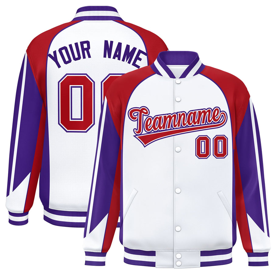 Custom White Red Varsity Full-Snap Personalized Raglan Sleeves Color Block Letterman Jacket | BuyFootballJersey