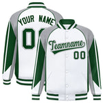 Custom White Gray Varsity Full-Snap Personalized Raglan Sleeves Color Block Letterman Jacket | BuyFootballJersey