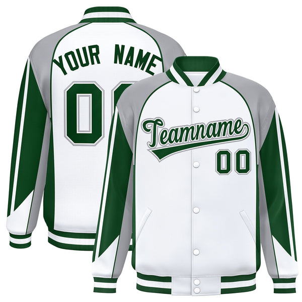 Custom White Gray Varsity Full-Snap Personalized Raglan Sleeves Color Block Letterman Jacket | BuyFootballJersey