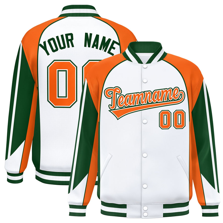 Custom White Orange Varsity Full-Snap Personalized Raglan Sleeves Color Block Letterman Jacket | BuyFootballJersey