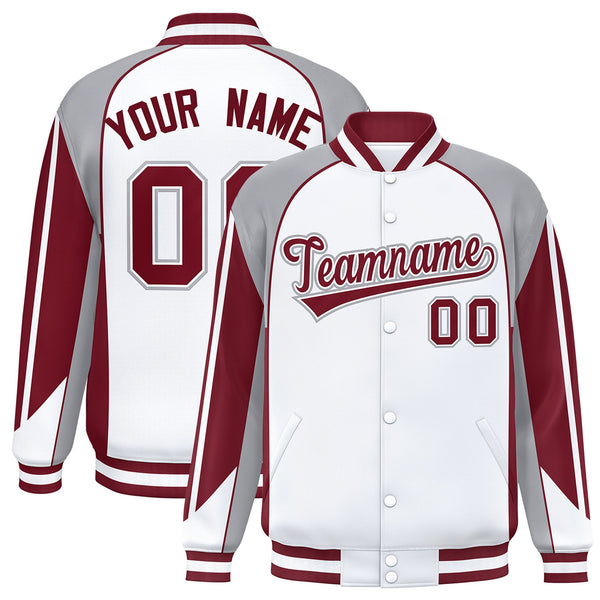 Custom White Gray Varsity Full-Snap Personalized Raglan Sleeves Color Block Letterman Jacket | BuyFootballJersey