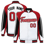 Custom White Red Varsity Full-Snap Personalized Raglan Sleeves Color Block Letterman Jacket | BuyFootballJersey