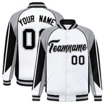 Custom White Gray Varsity Full-Snap Personalized Raglan Sleeves Color Block Letterman Jacket | BuyFootballJersey