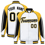 Custom White Gold Varsity Full-Snap Personalized Raglan Sleeves Color Block Letterman Jacket | BuyFootballJersey