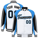 Custom White Powder Blue Varsity Full-Snap Personalized Raglan Sleeves Color Block Letterman Jacket | BuyFootballJersey